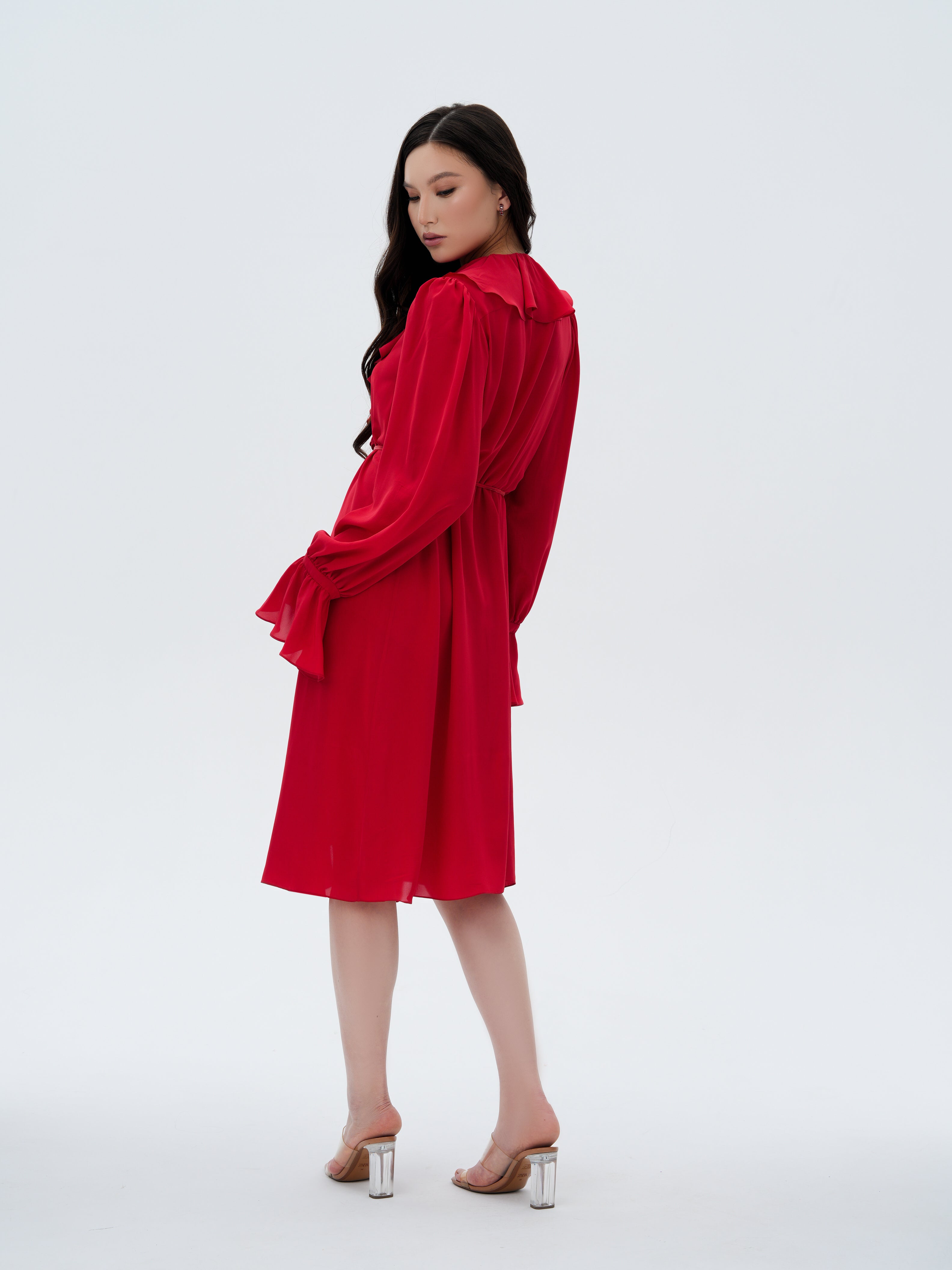 ELSAVA RED CASCADING RUFFLE DRESS