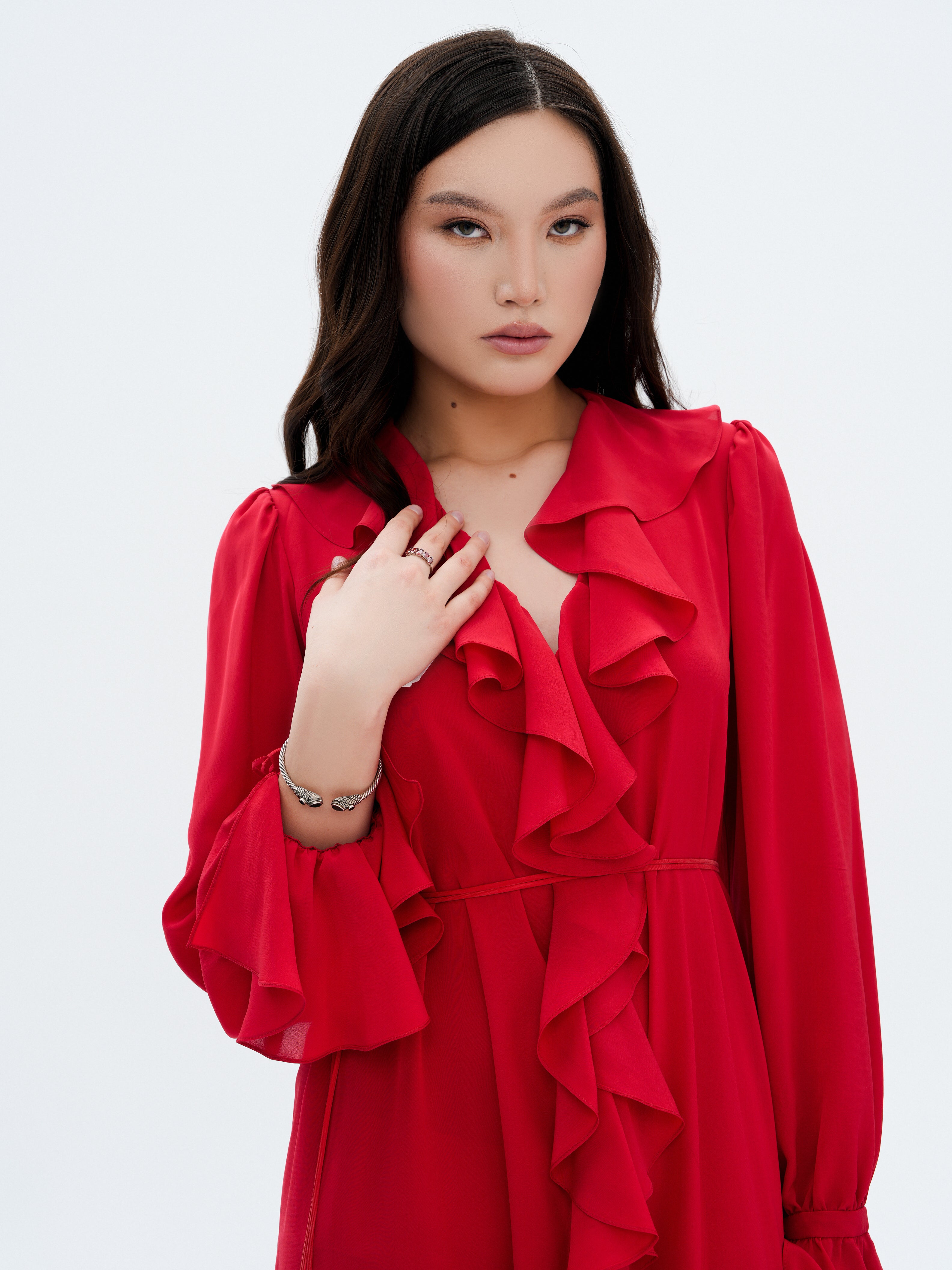 ELSAVA RED CASCADING RUFFLE DRESS