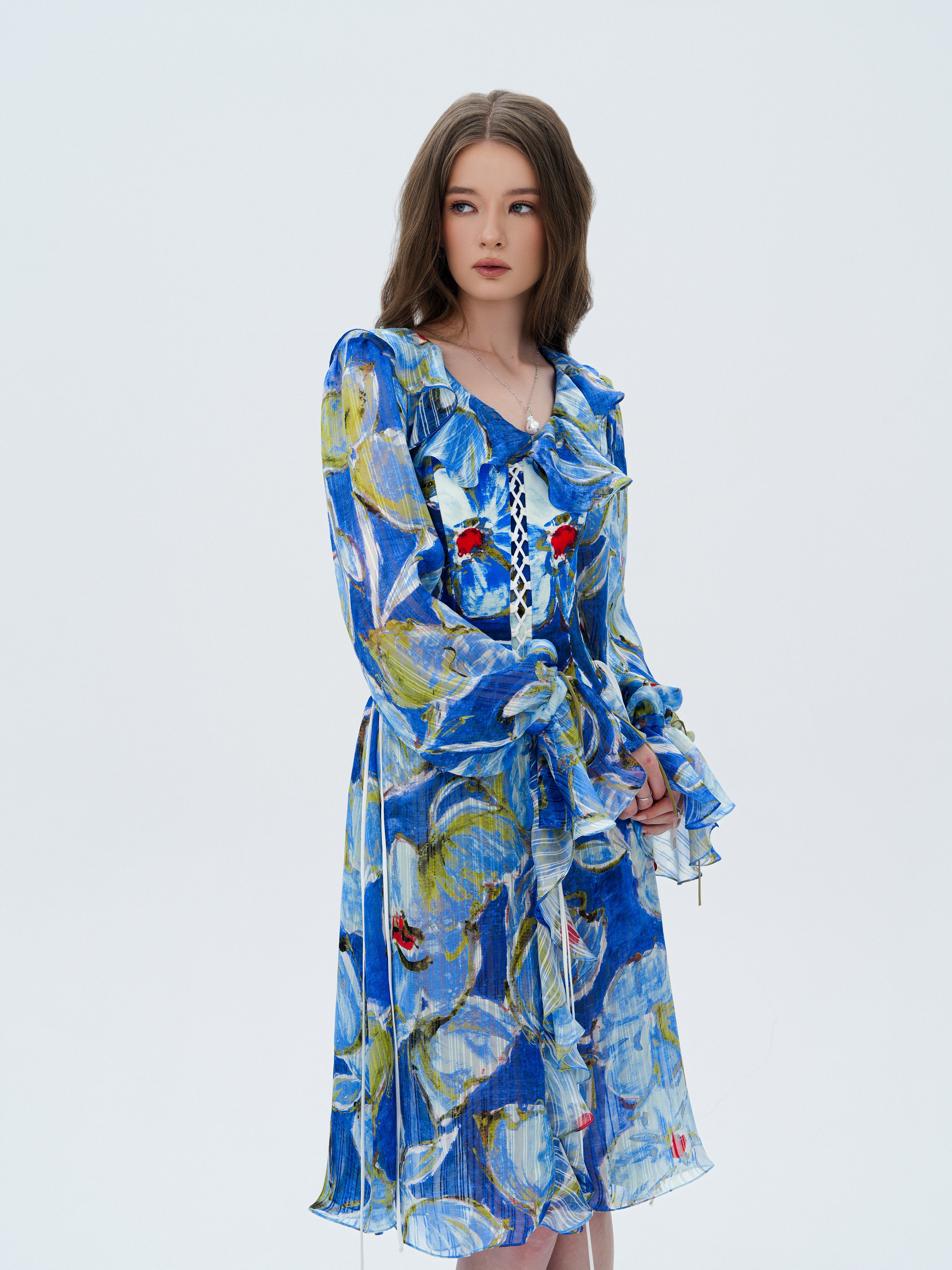 BLUE OF SILENCE RUFFLE DRESS