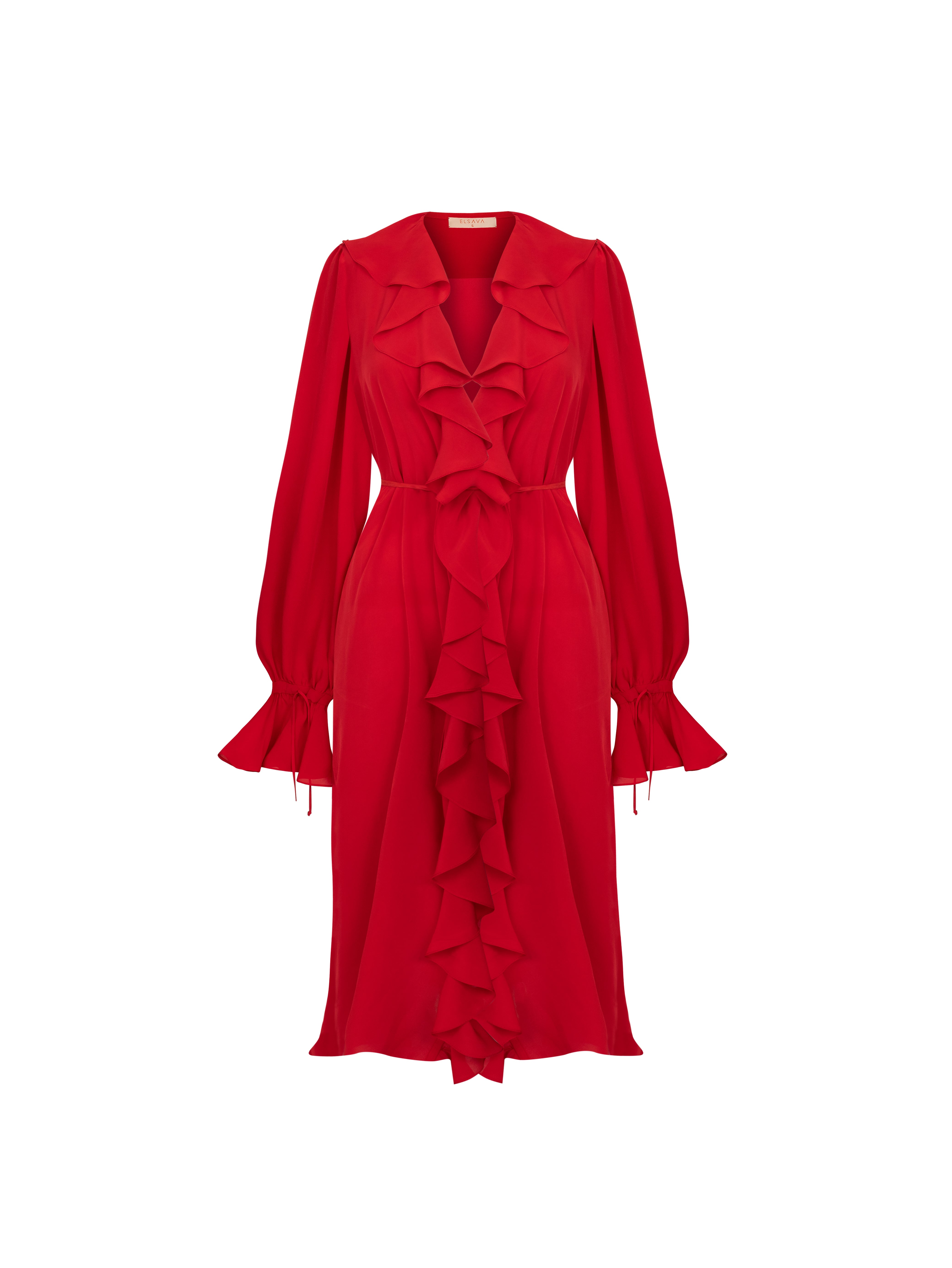 ELSAVA RED CASCADING RUFFLE DRESS