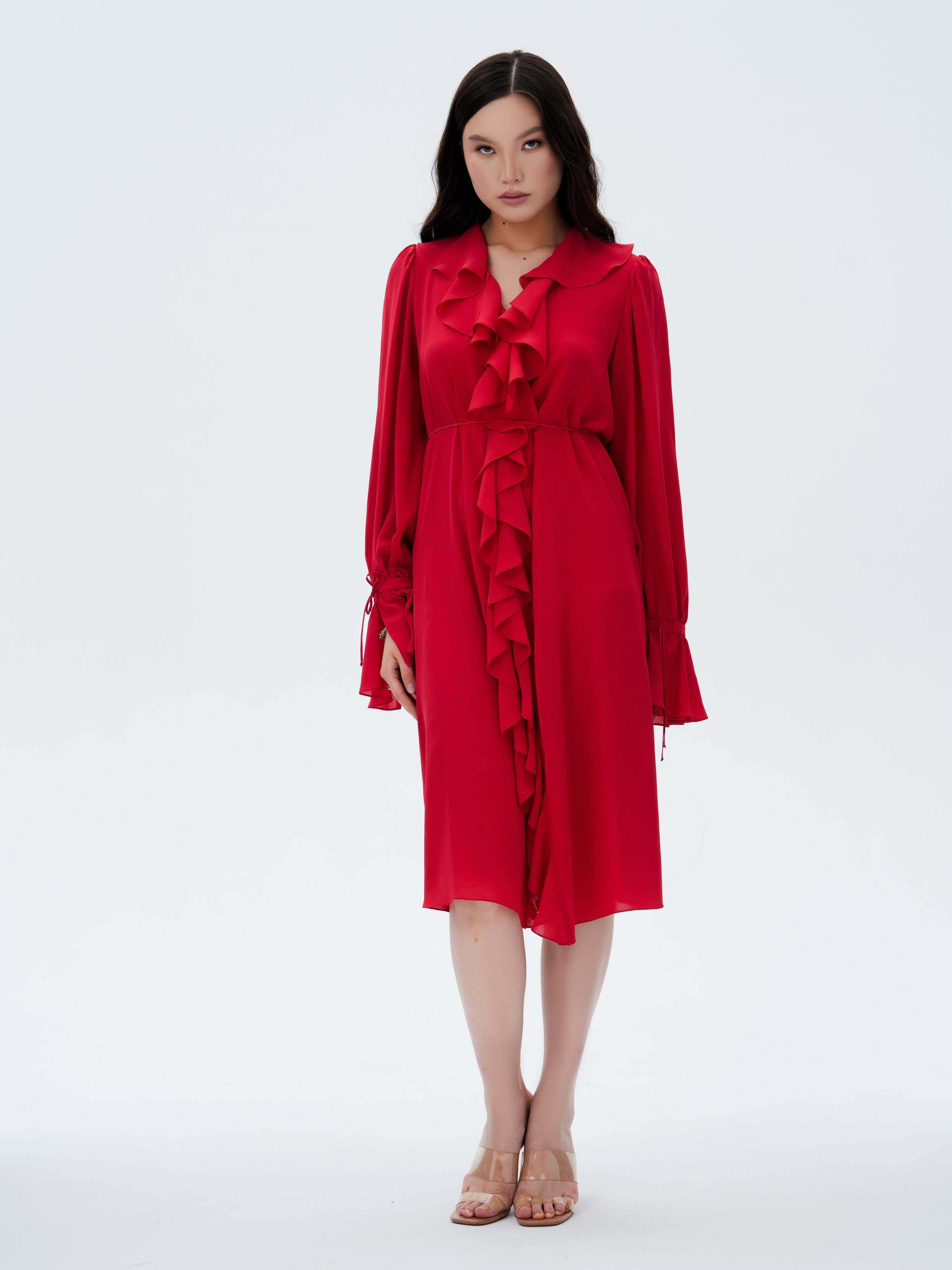 ELSAVA RED CASCADING RUFFLE DRESS