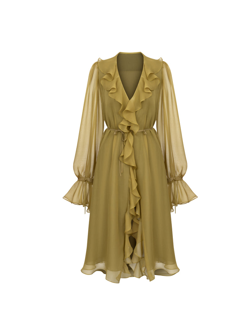 OLIVE CASCADING RUFFLE DRESS